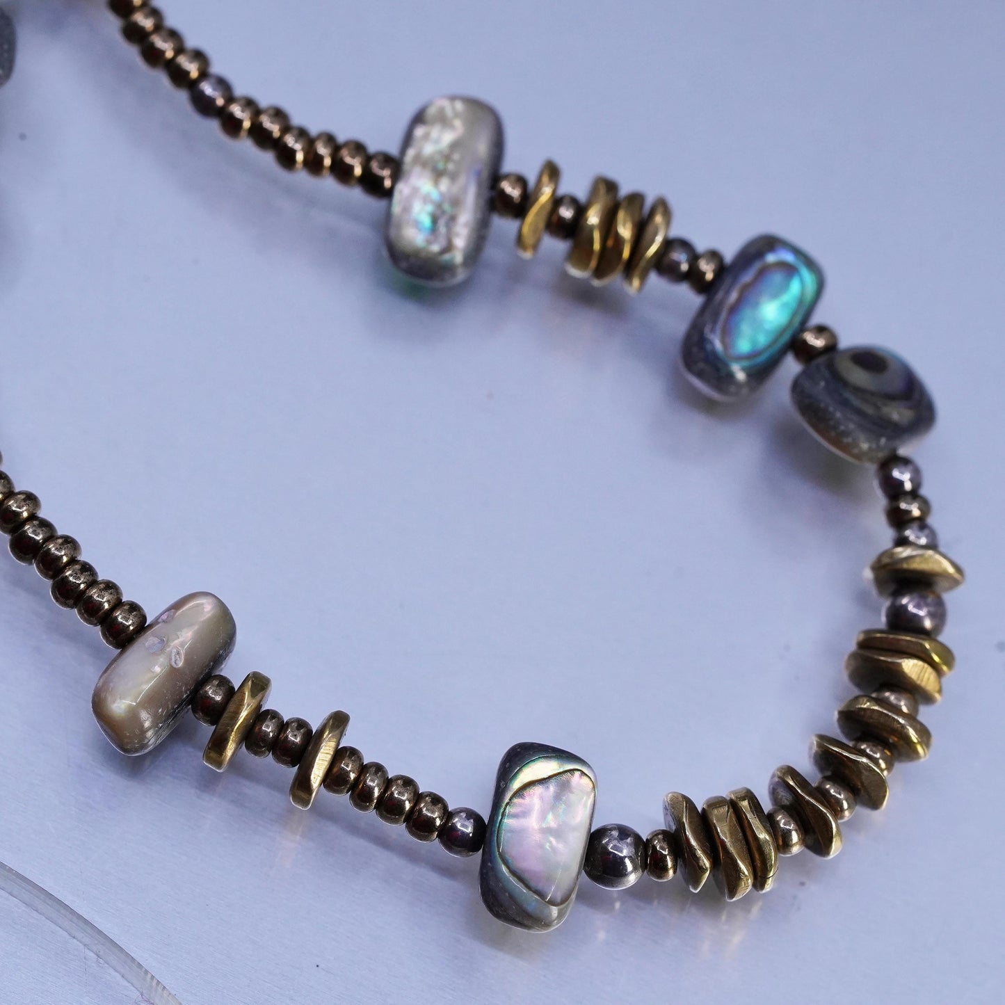 16+2", vtg 925 Sterling 925 Silver Handmade Necklace with brass abalone beads