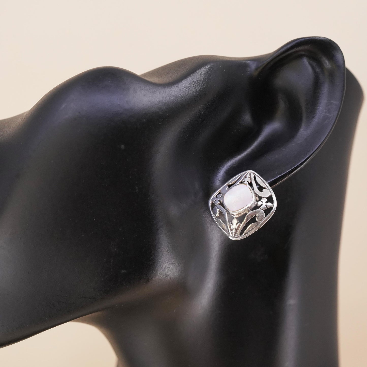 Vintage single earring. Sterling 925 silver square stud with mother of pearl