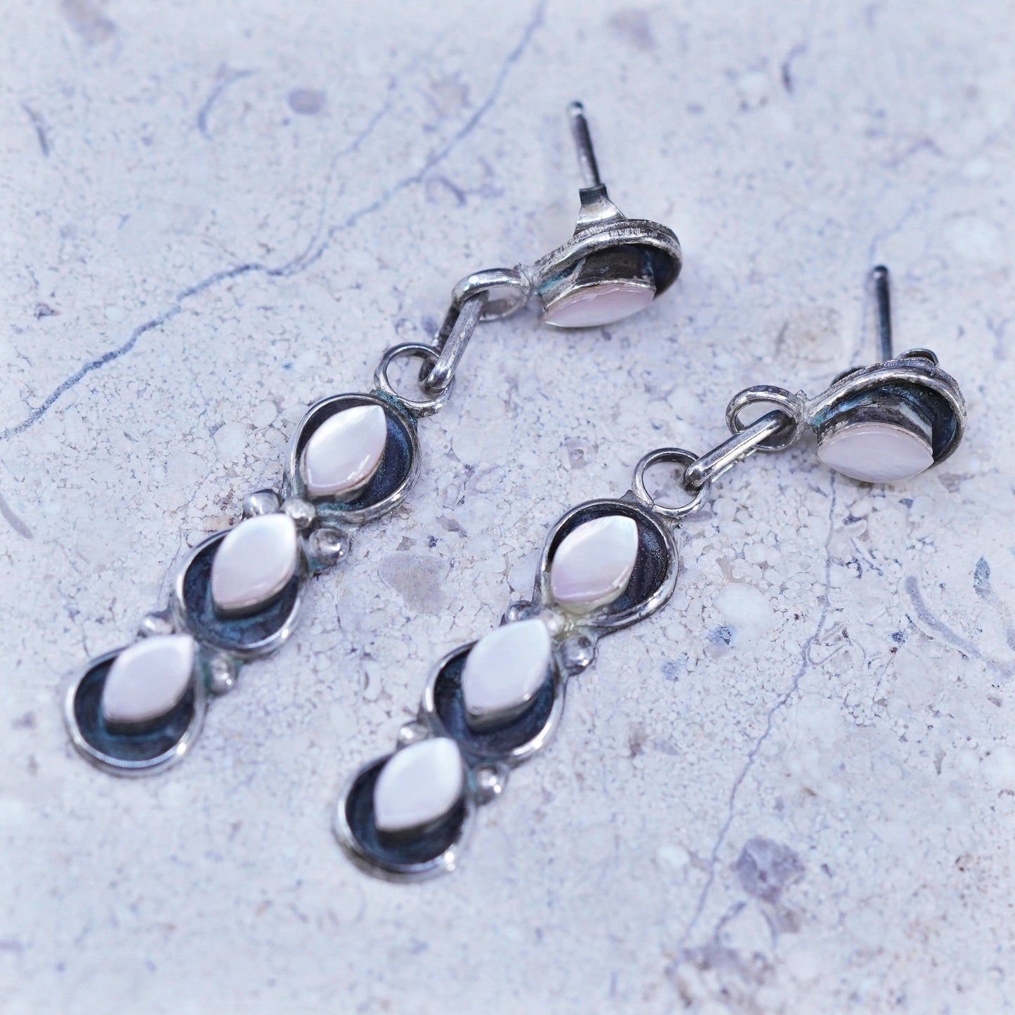 sterling silver handmade earrings, 925 long dangles with pink mother of pearl