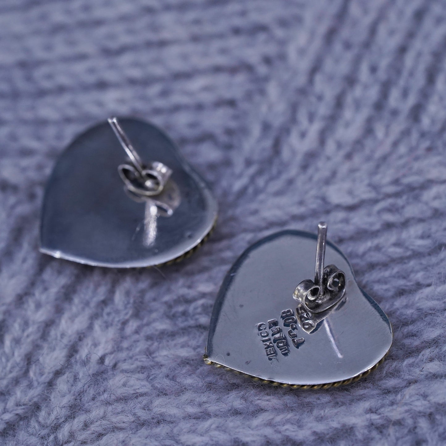 Vintage two tone Sterling silver handmade earrings, puffy 925 heart studs brass