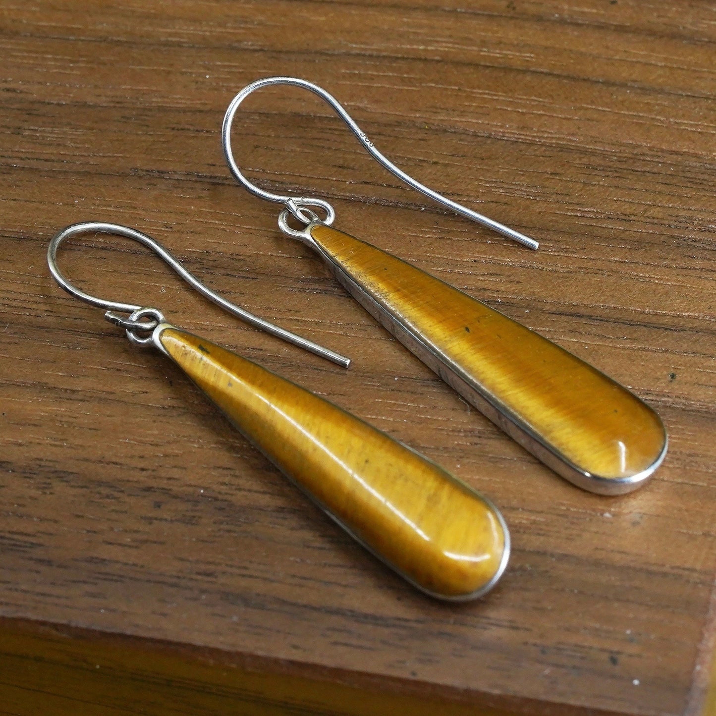 Vintage Sterling 925 silver handmade teardrop earrings with golden tiger eye