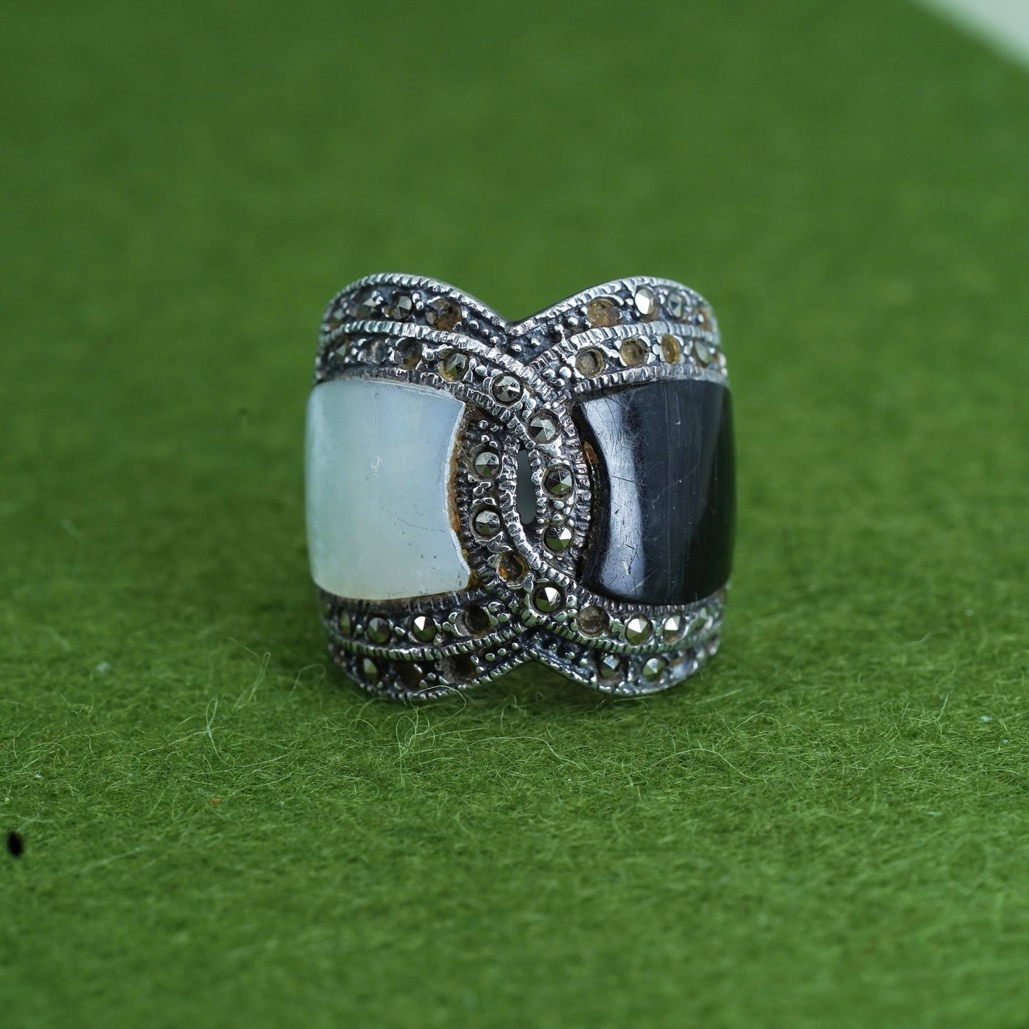 Size 7, Sterling 925 silver handmade ring w/ onyx mother of pearl and marcasite