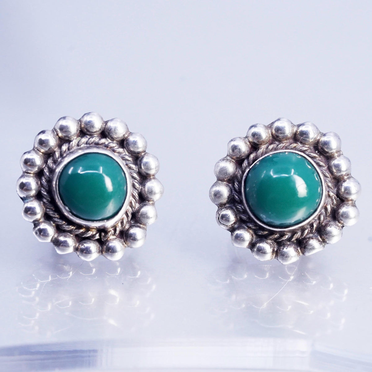 Vintage Mexican Sterling 925 silver earrings, round screw back green jade beads