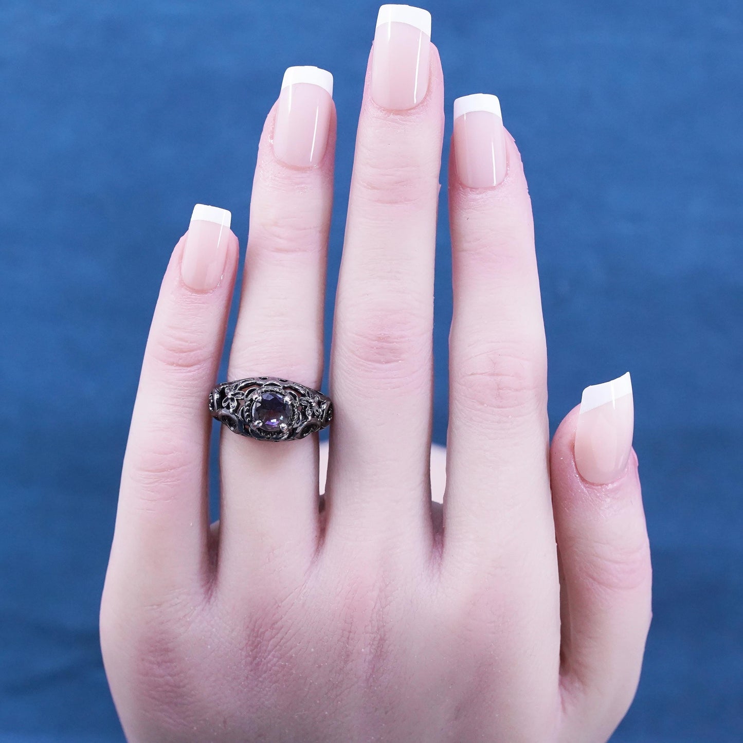Size 5, vintage oxidized sterling 925 silver handmade ring with rainbow topaz