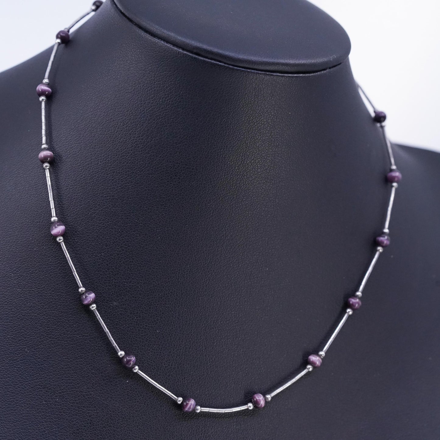 15", Native American Sterling 925 liquid silver necklace purple tiger eye beads