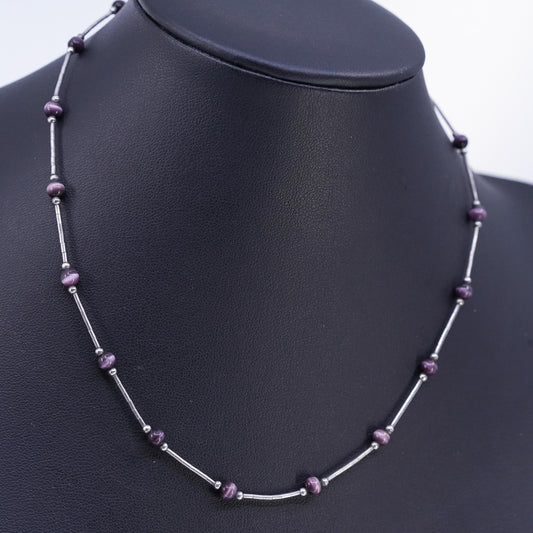 15", Native American Sterling 925 liquid silver necklace purple tiger eye beads