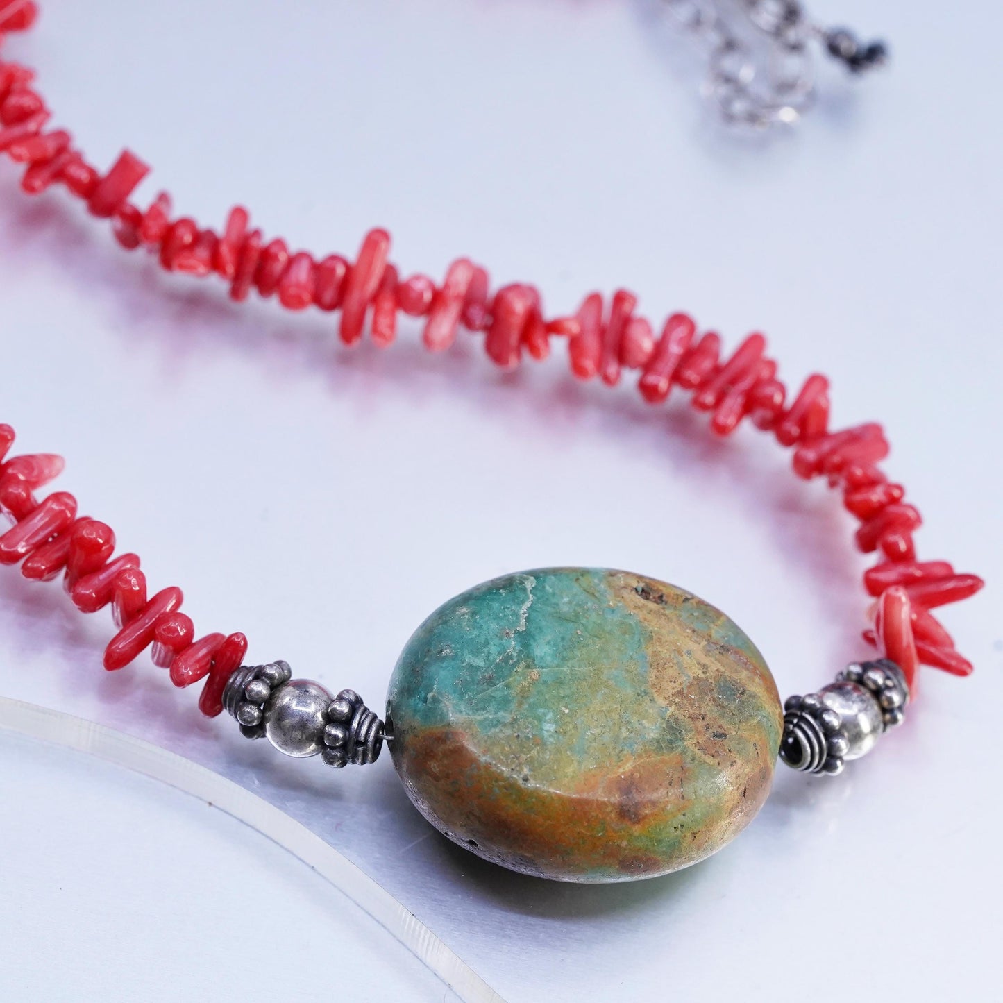 16+2", Native American Sterling 925 silver turquoise necklace with coral beads