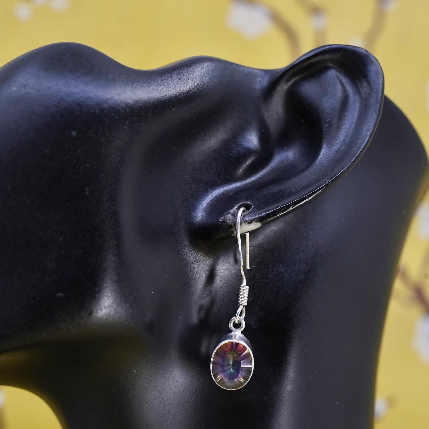 Vintage Sterling silver handmade earrings, 925 oval dangles rainbow topaz