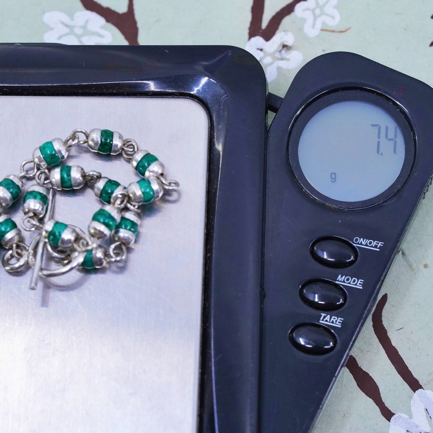 6.75”, Vintage Sterling silver handmade bracelet, 925 chain w/ malachite beads