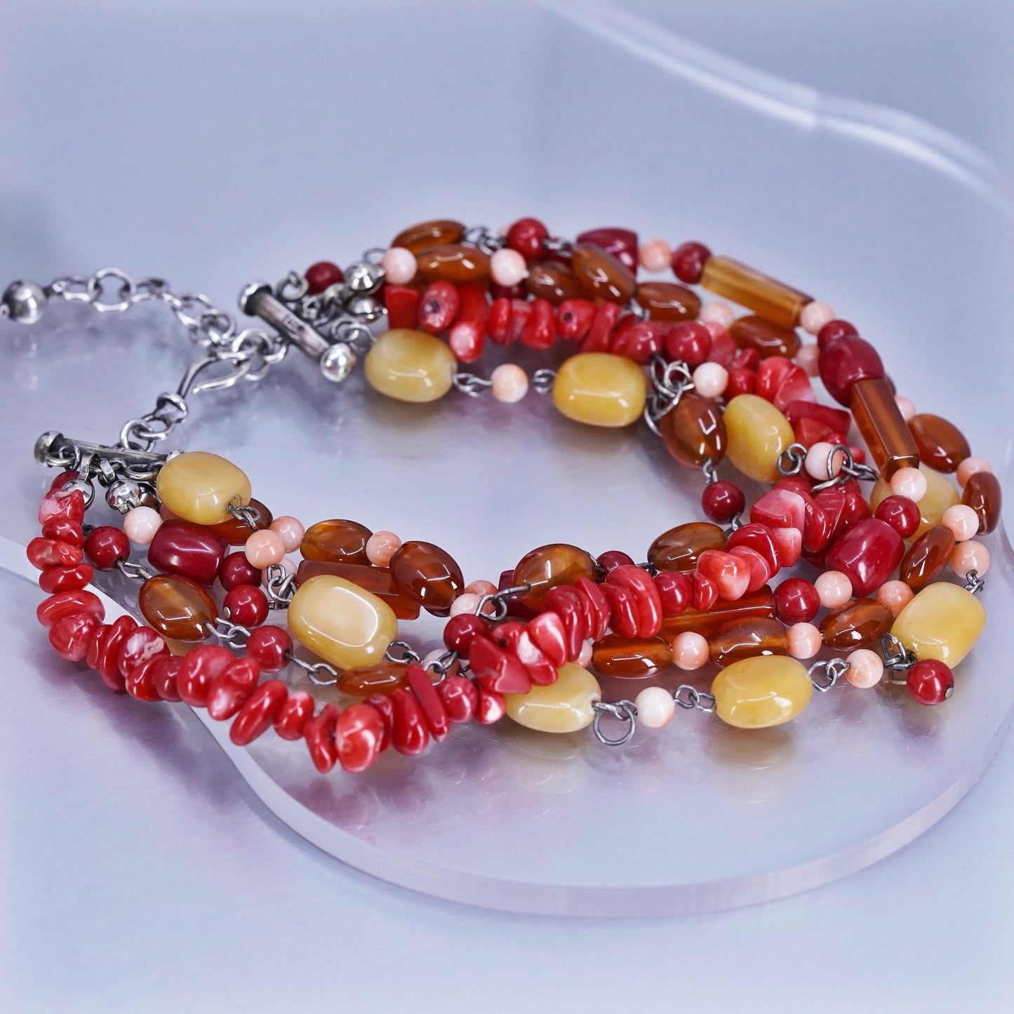 8+1”, Sterling 925 silver multi strands beaded bracelet agate coral carnelian