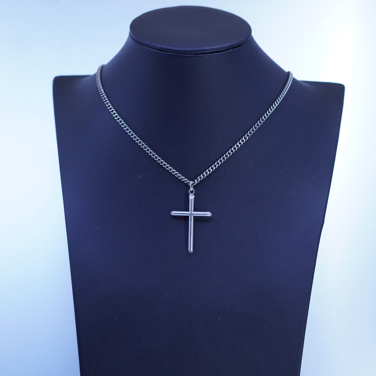 24” 3mm, vintage Sterling 925 silver handmade curb necklace with cross pendant