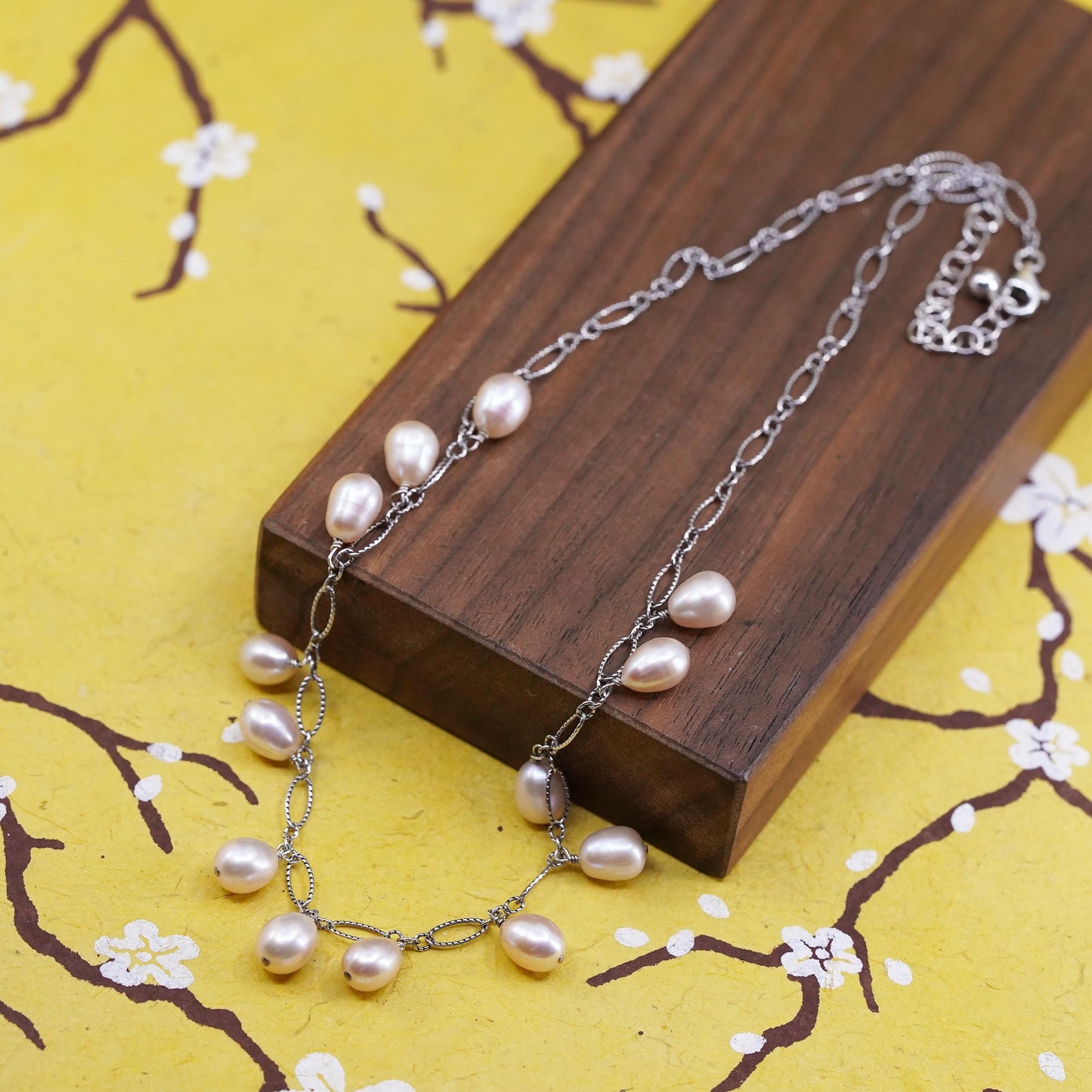 16+2", Sterling 925 silver handmade oval chain necklace with cluster pearls