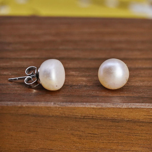 8mm, VTG 925 Sterling silver handmade studs earrings white pale orange pearl