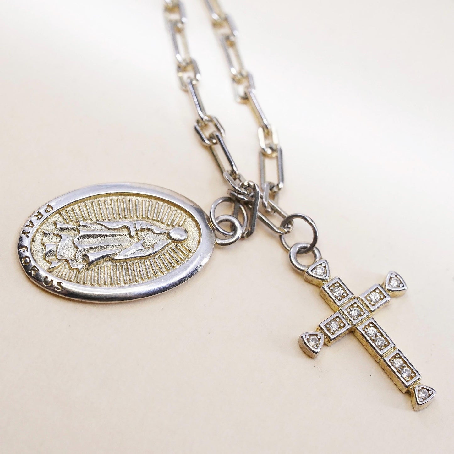 Sterling Silver 925 Two Tone Virgin Mary Diamond Cross Pendant Necklace, Chain