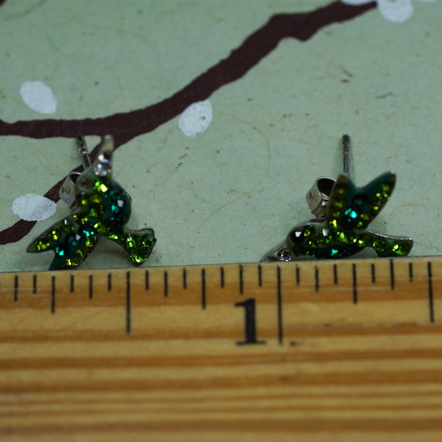 Vintage sterling silver hummingbird studs, 925 bird earrings with green crystal