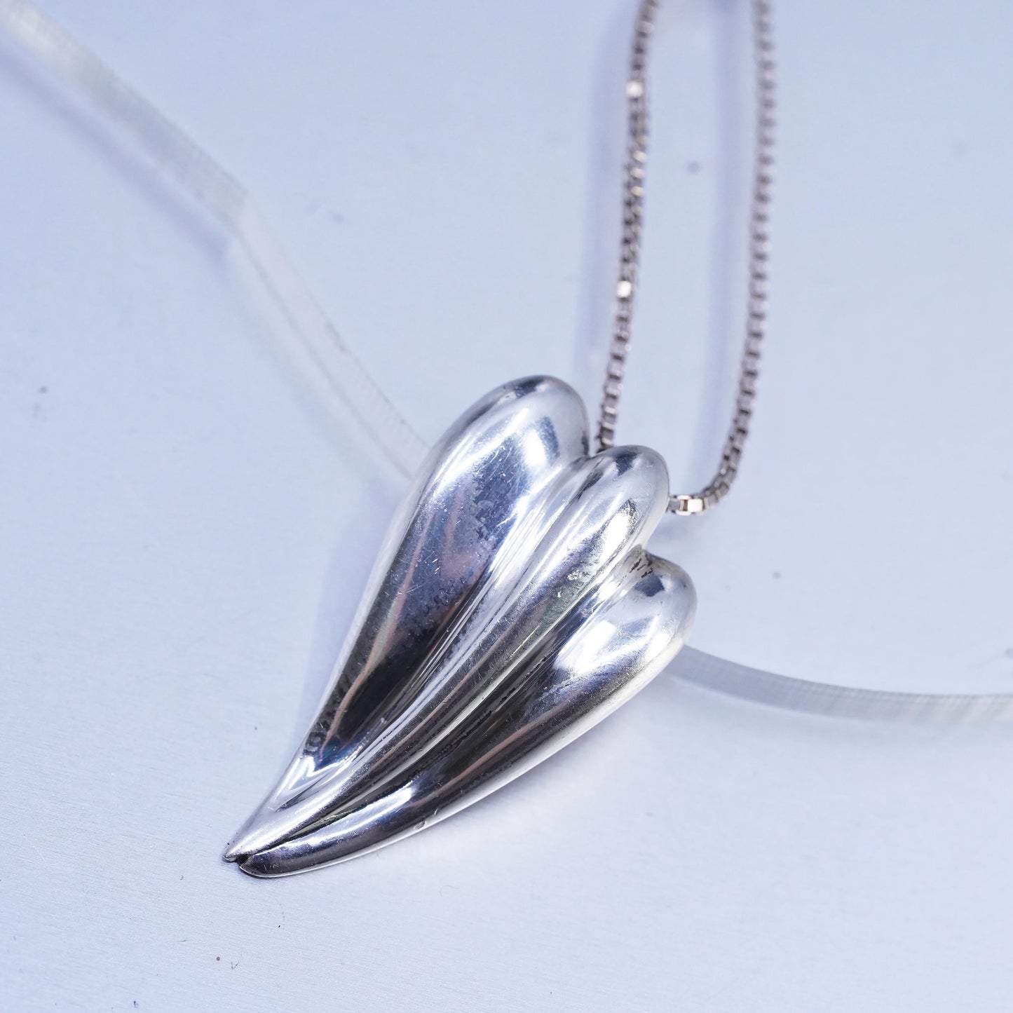 16+2", 925 Sterling Silver Vintage box Necklace with ribbed teardrop pendant