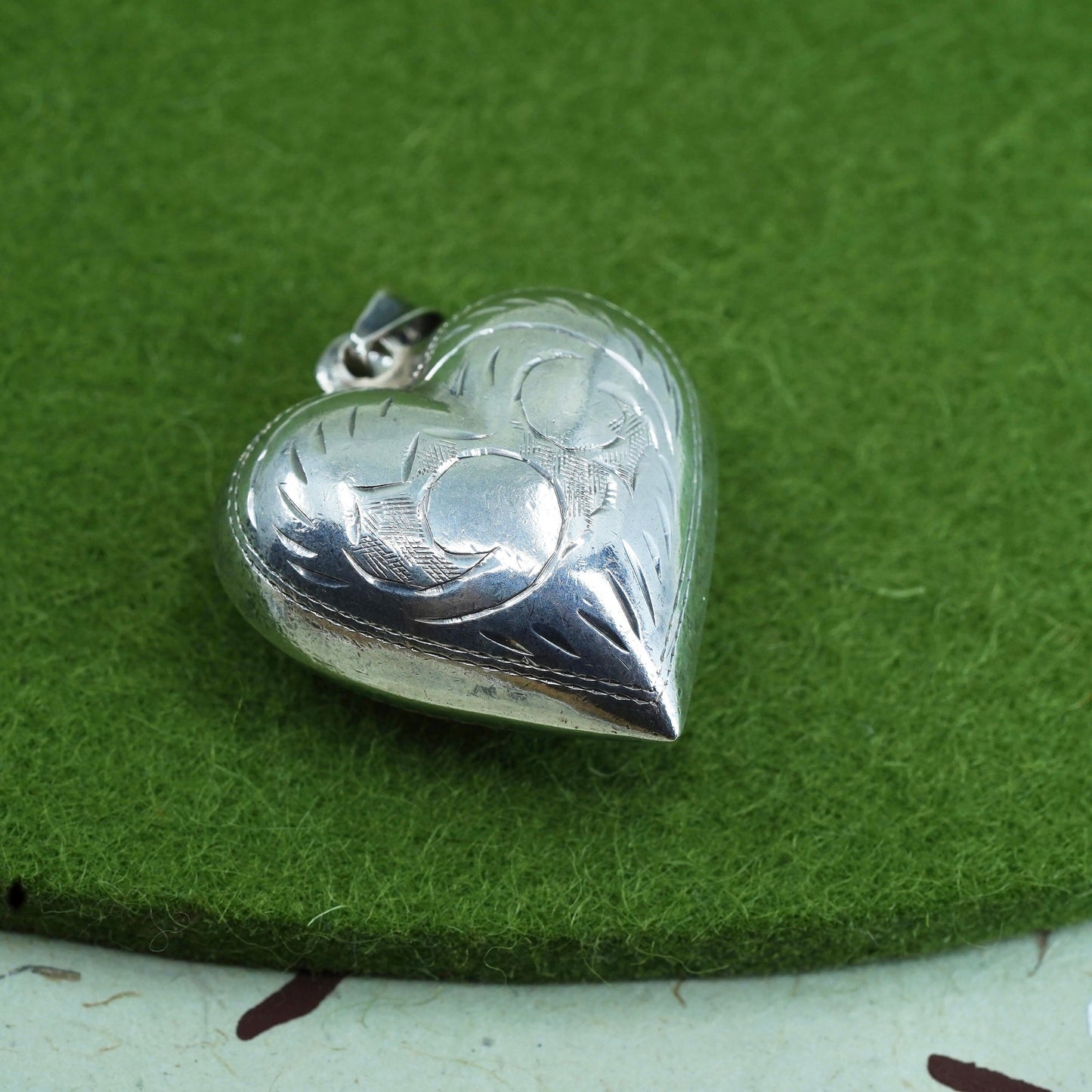 Vintage sterling silver handmade pendant, puffy heart shaped 925 silver pendant
