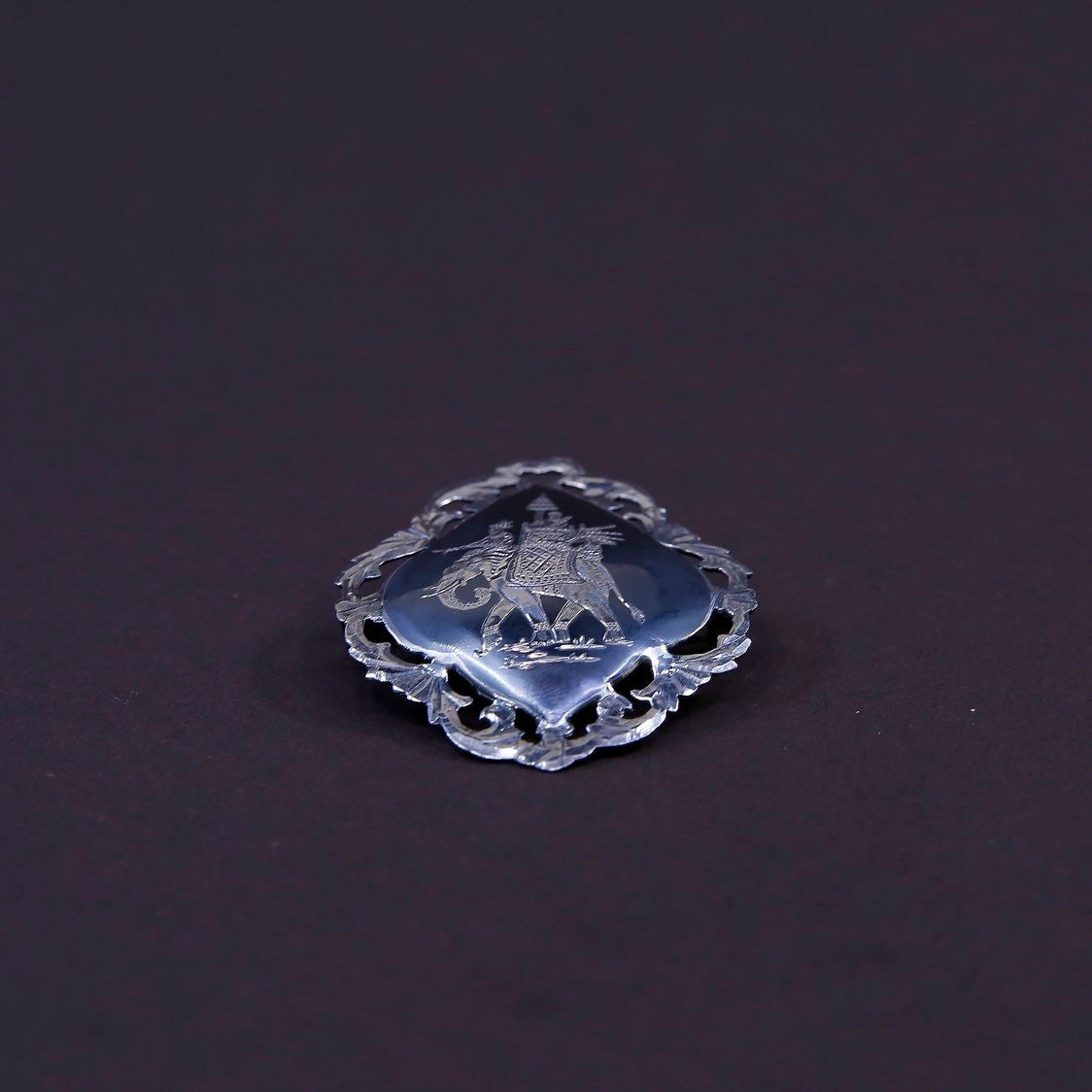 Vintage Indian handmade oxidized sterling 925 silver brooch, pendant with elephant pattern embossed. stamped 925, signed Siam