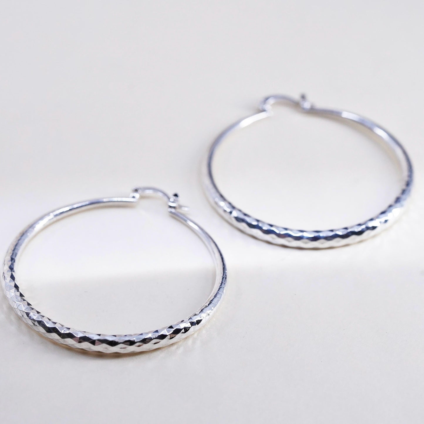 2" VTG Sterling Silver Diamond Cut Circle Large Earrings, Classic Round Hoops