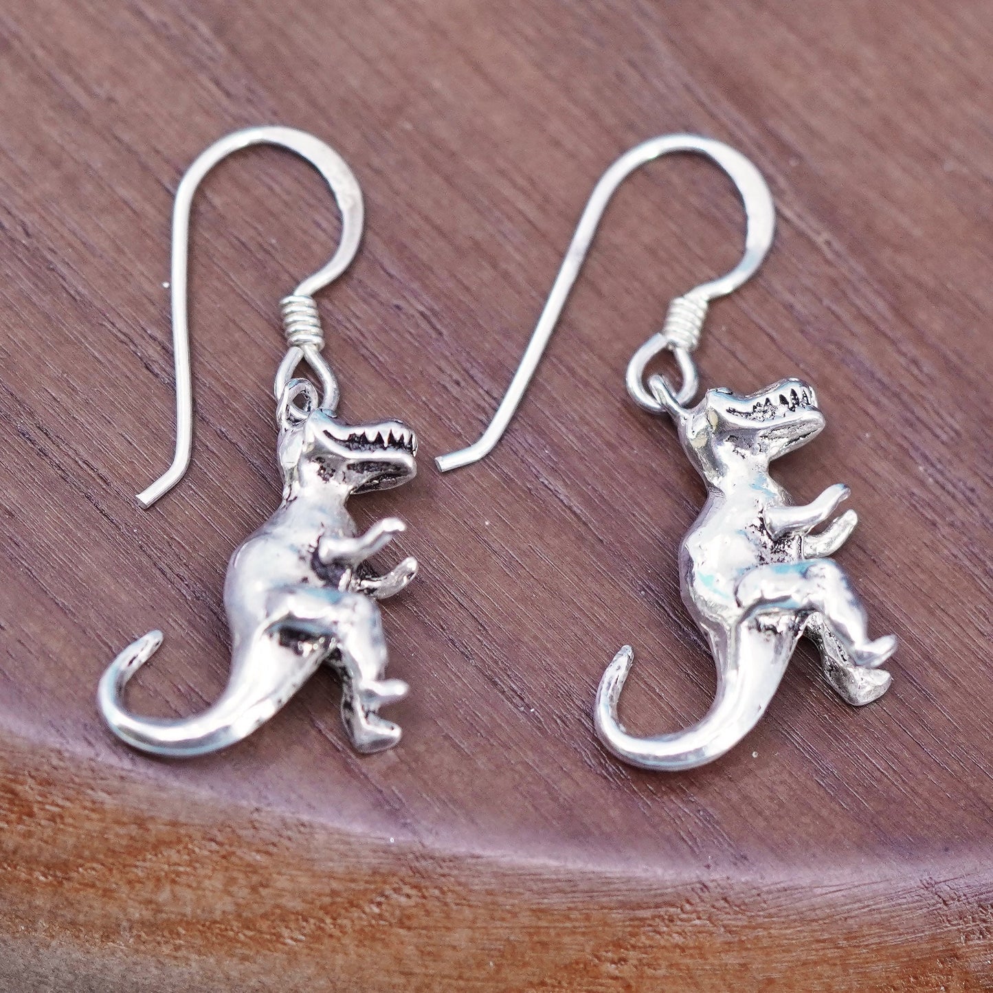 Vintage Sterling silver handmade earrings, 925 dinosaur, T-Rex drops
