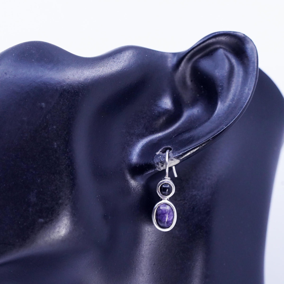Sterling Silver 925 Amethyst Onyx Drops, Purple Cabochon, Leverback Earrings