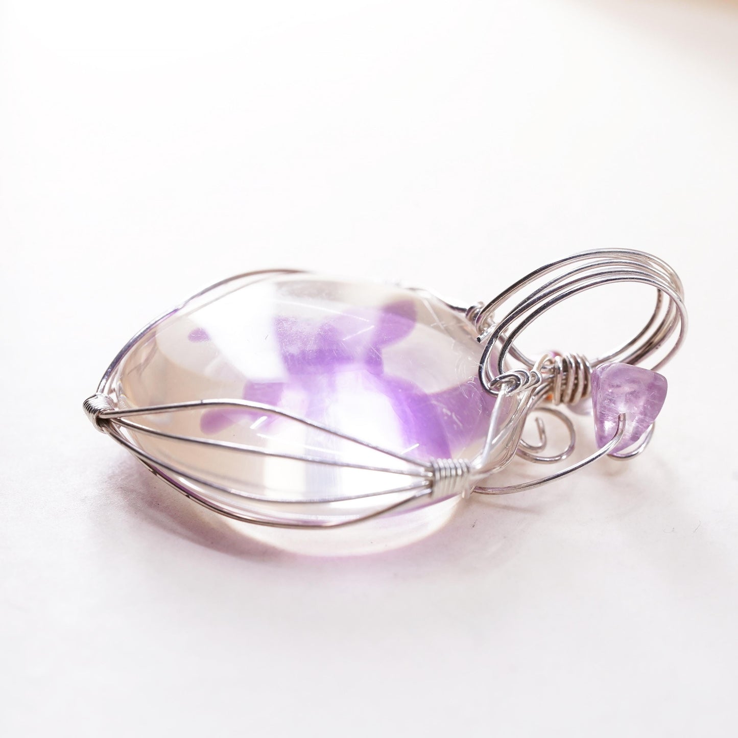 VTG Mexican sterling silver wire dichroic foiled glass purple butterfly pendant