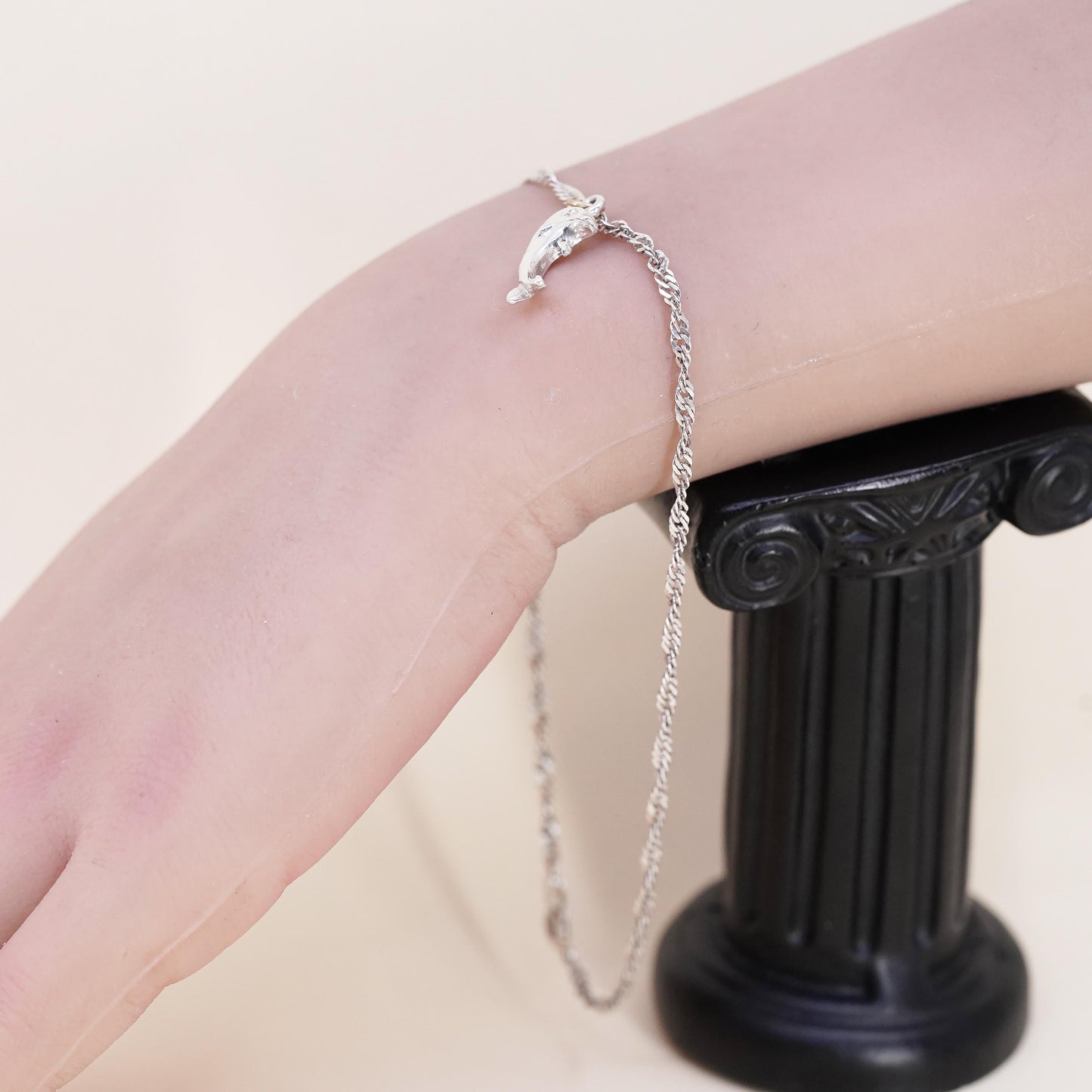 11”, sterling silver bracelet, 925 twisted herringbone anklet W/ dolphin charm