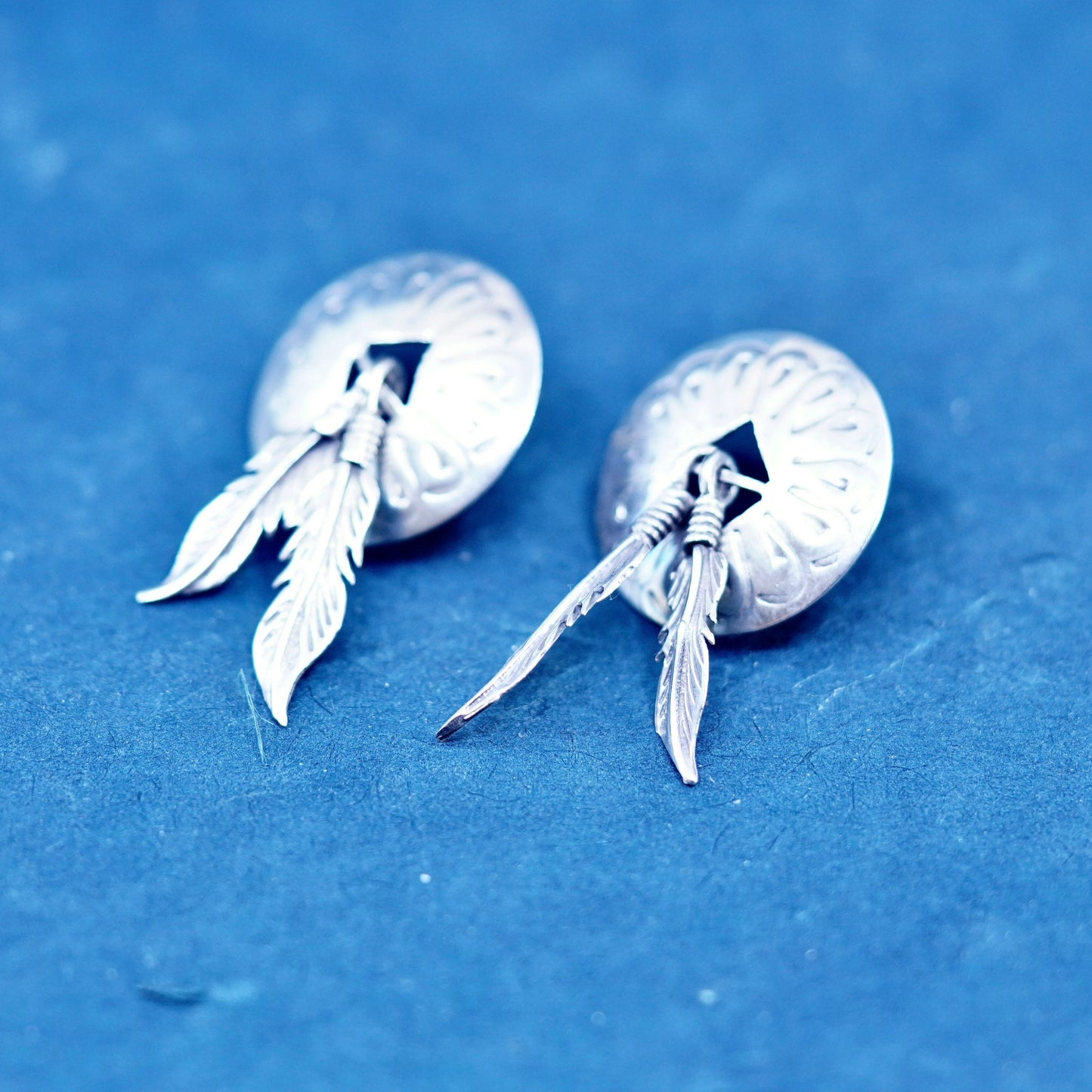 Vintage Sterling silver handmade earrings, l 925 circle studs feather dangles
