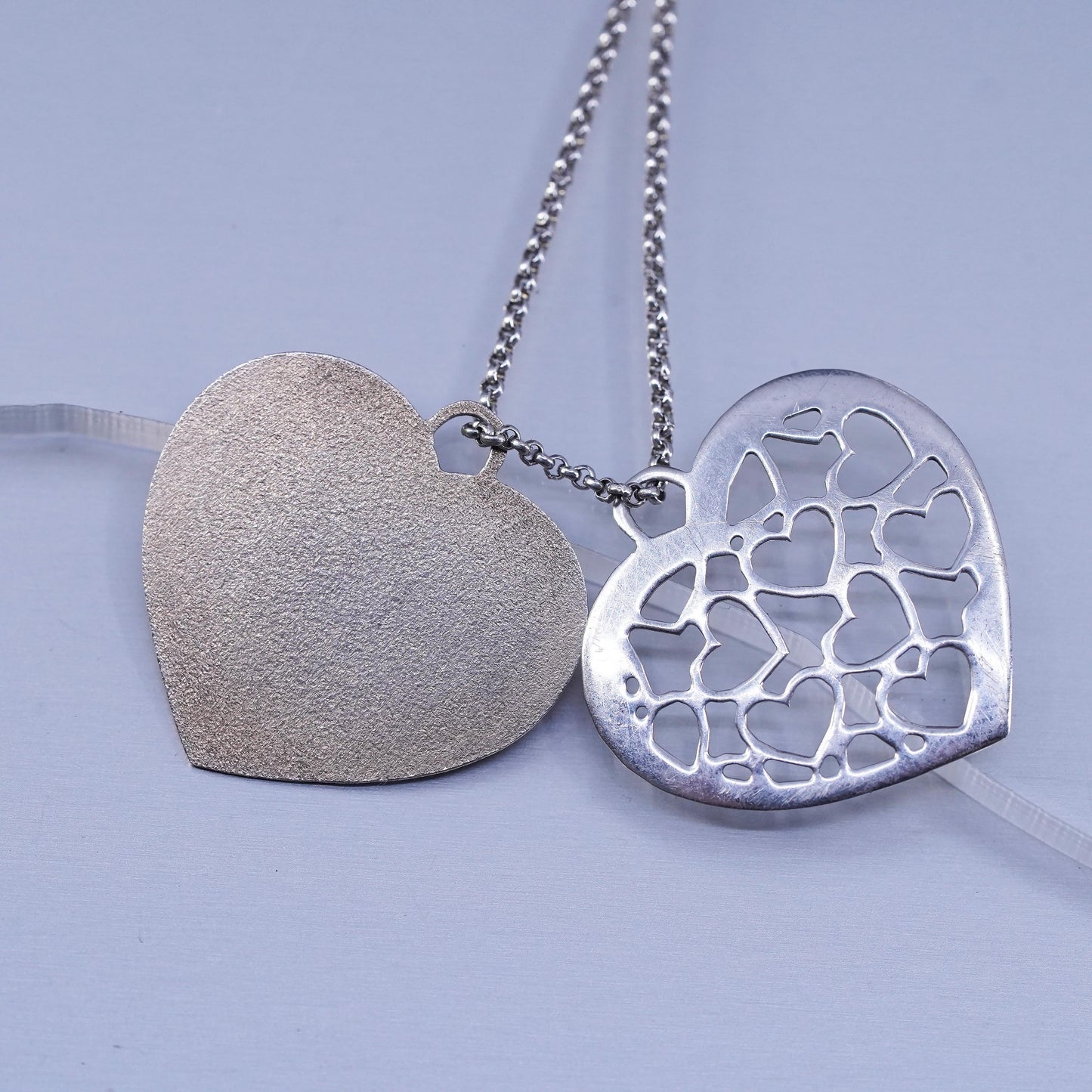 14+2”, vintage two tone Sterling 925 silver circle necklace with heart pendants
