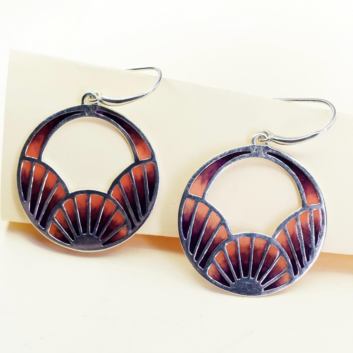Vintage sterling silver handmade earrings, 925 abstract circle with pink enamel