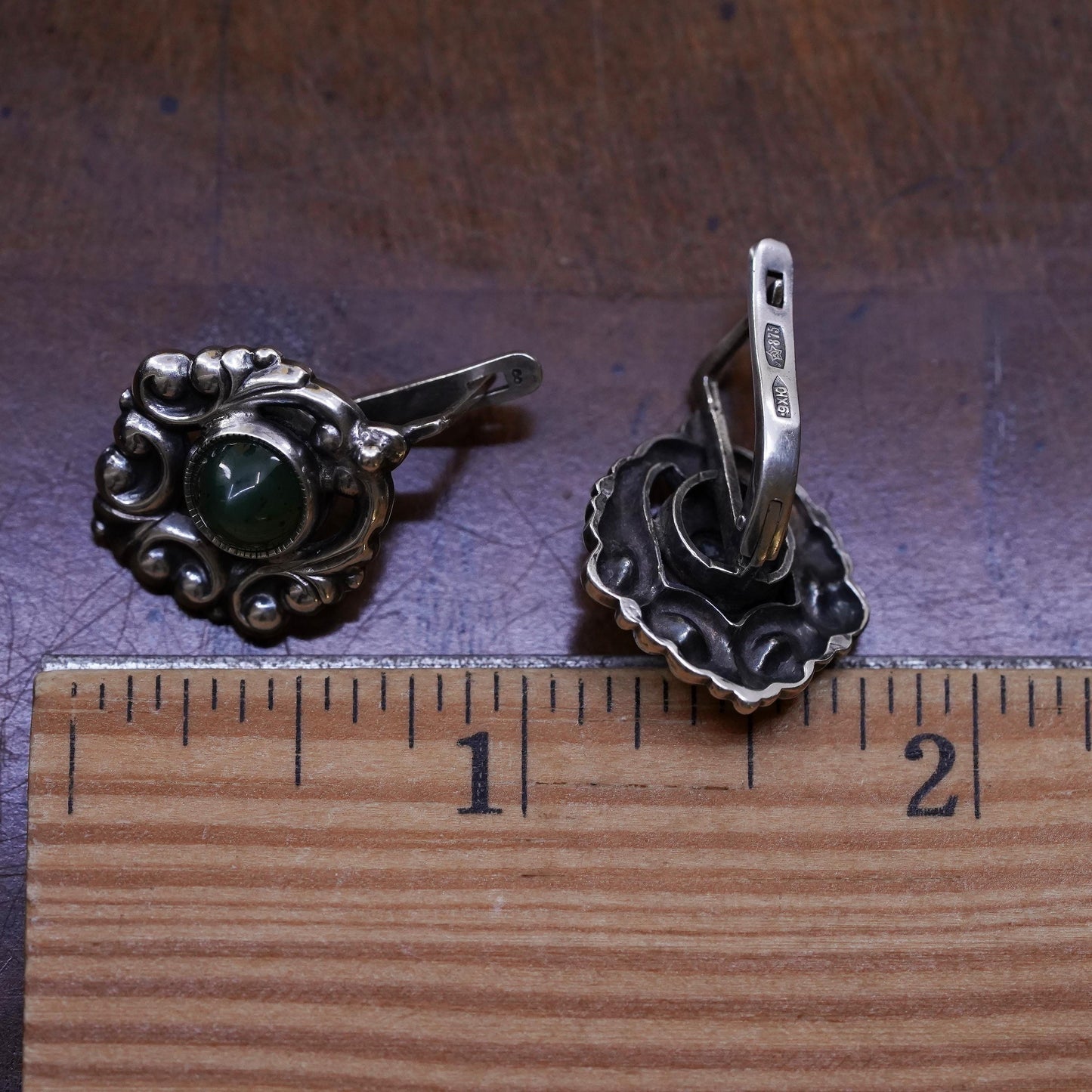 Soviet Sterling Silver 875 studs Earrings with jade lever back, USSR Jewelry