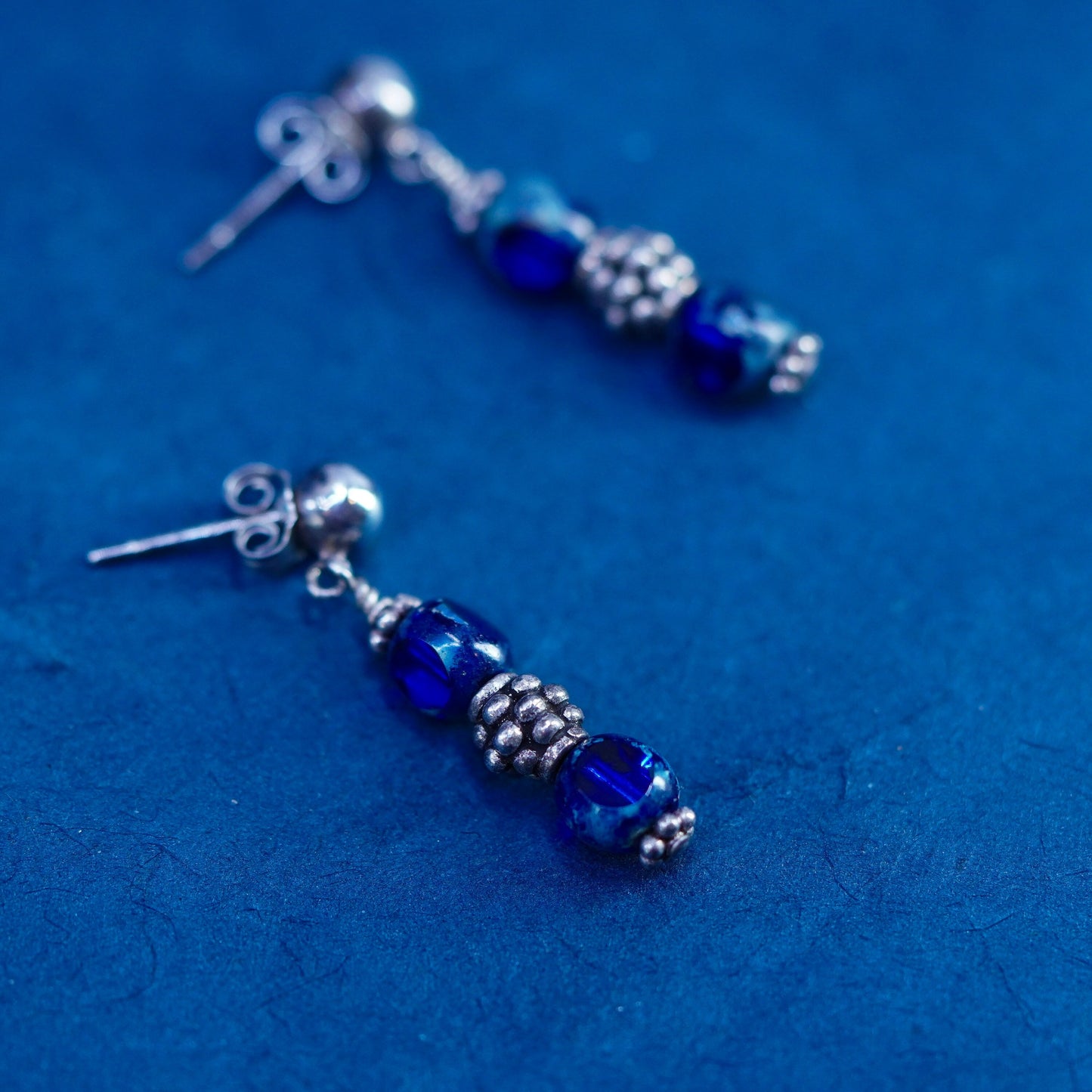 Vintage sterling silver 925 handmade earrings with blue glass beads