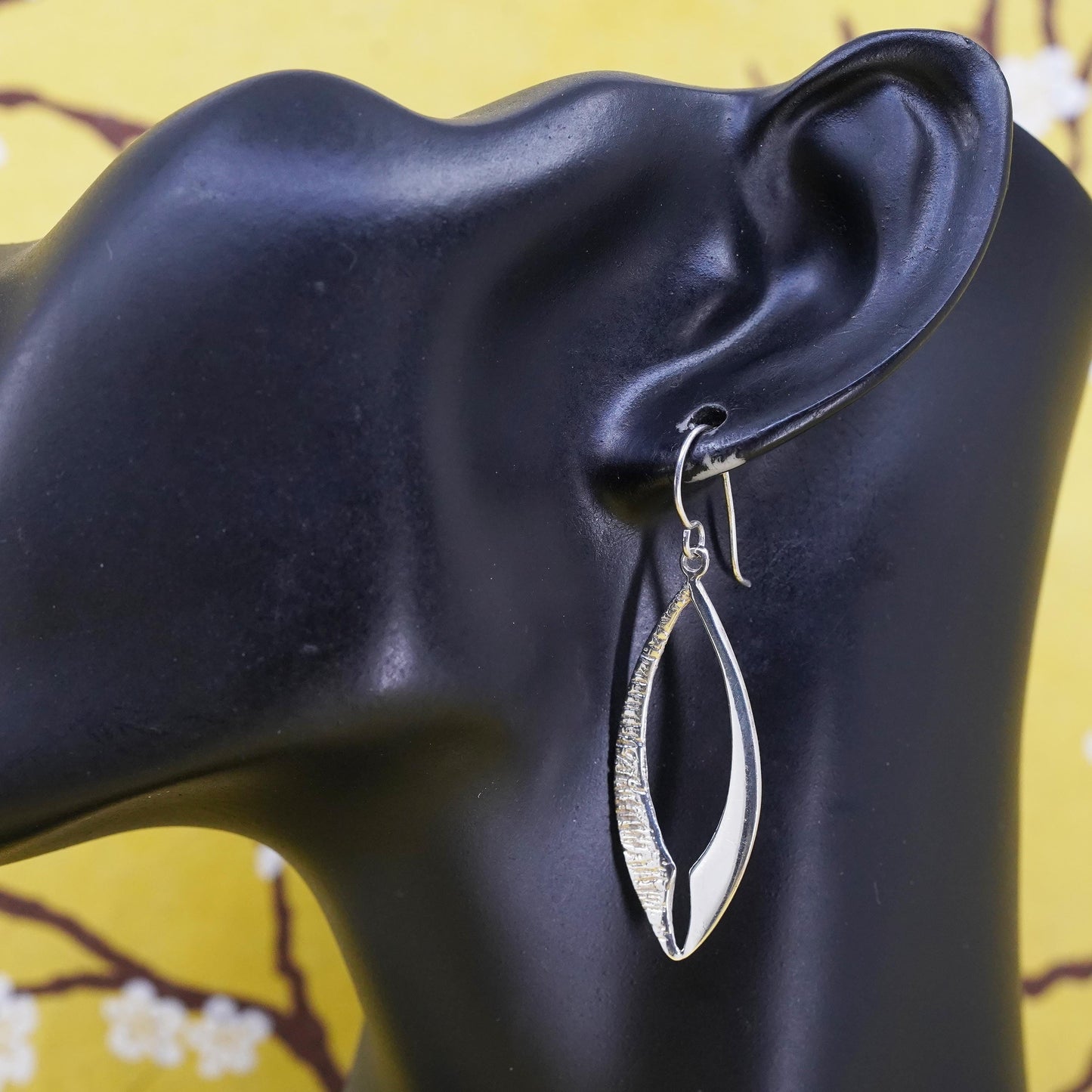 Vintage Sterling silver handmade earrings, 925 leaves shaped, textured dangles