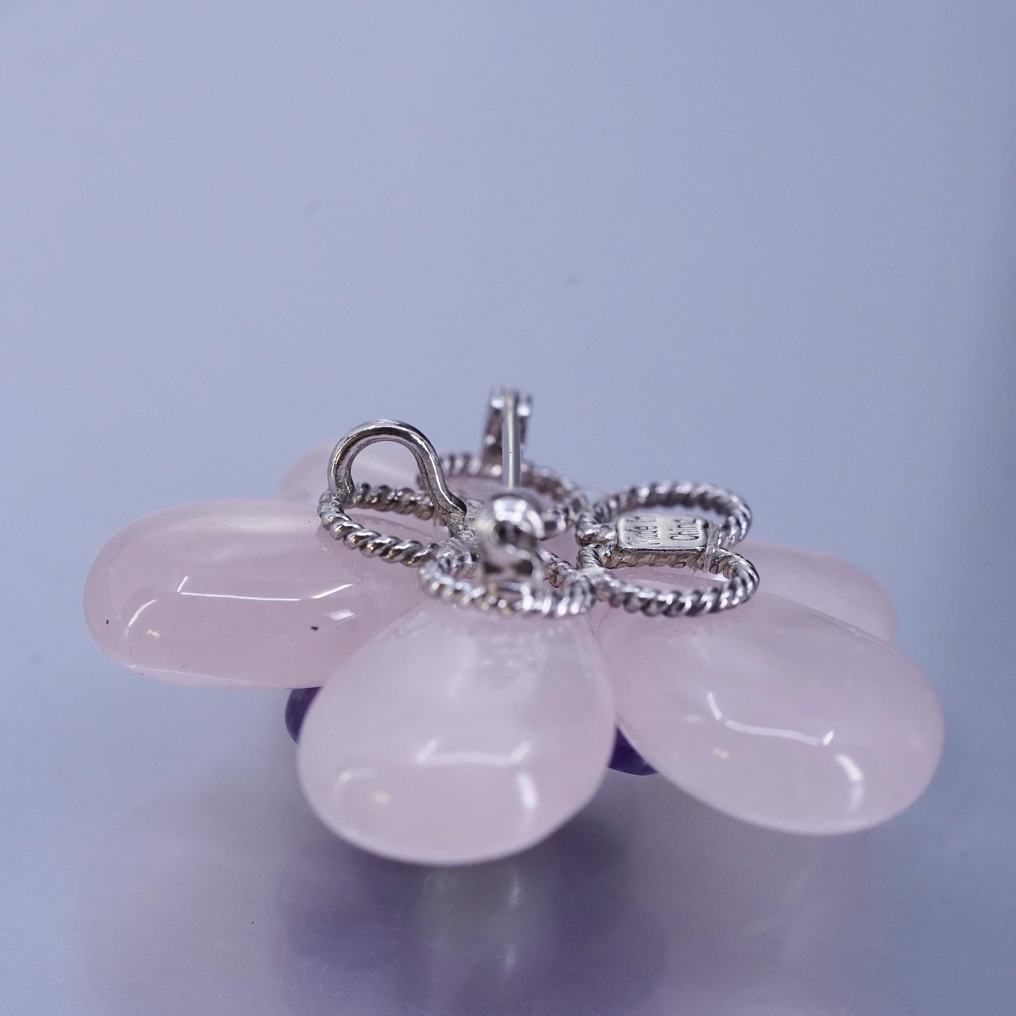 Vintage sterling silver brooch, 925 flower pin with amethyst pink rose quartz