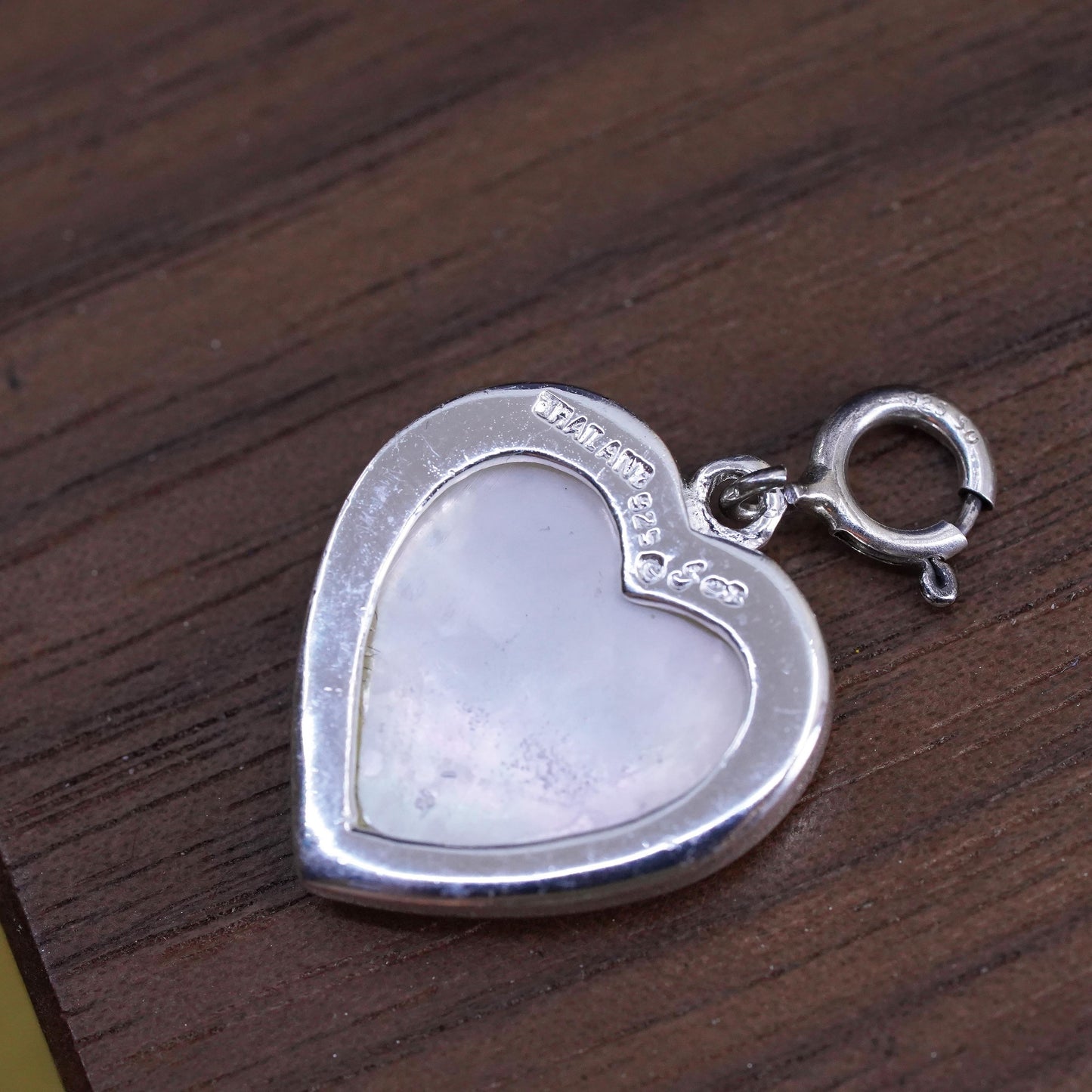 Sterling silver pendant, 925 heart pendant with carved flower mother of pearl