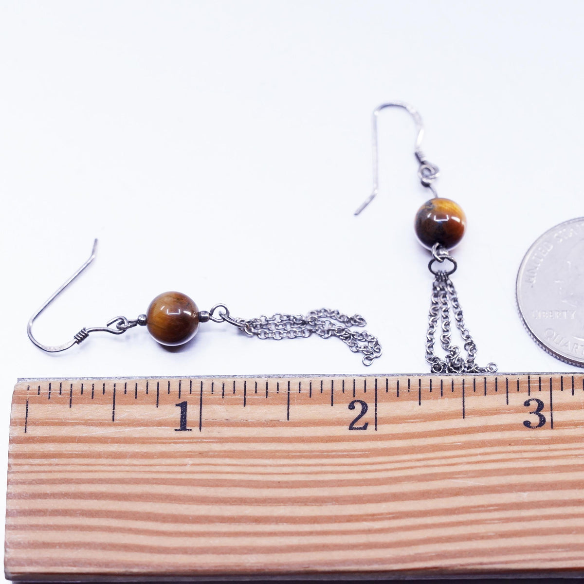 VTG Sterling Silver Handmade long chain Earrings, 925 Golden Tiger Eye beads