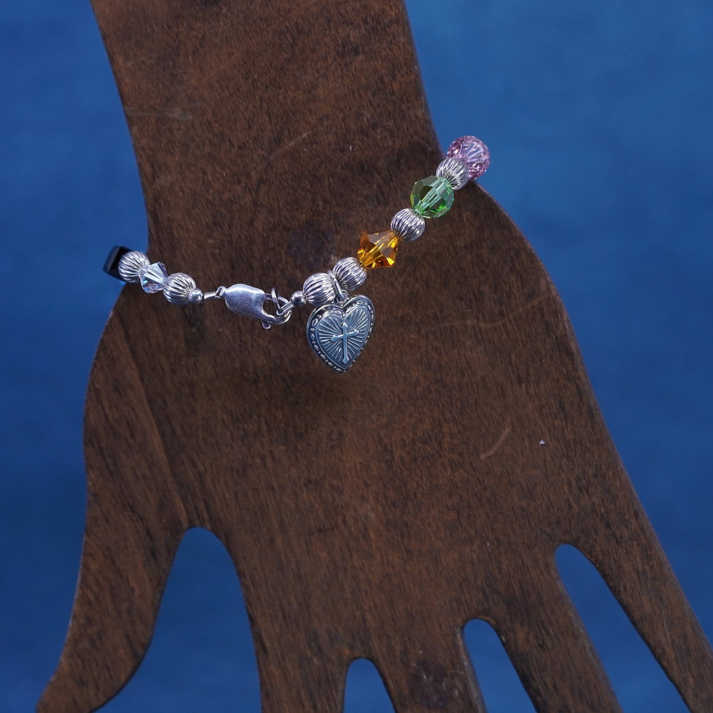 6.75”, Sterling 925 silver bracelet with colorful crystal and heart charm
