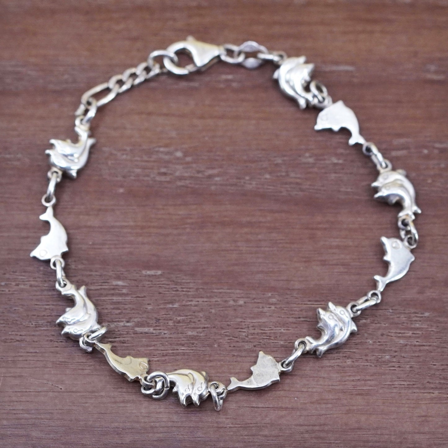 7.75”, vintage sterling 925 silver handmade bracelet, chain with dolphin charms
