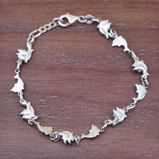 7.75”, vintage sterling 925 silver handmade bracelet, chain with dolphin charms