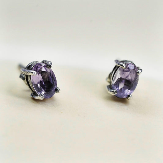 6mm, Vintage sterling silver earrings, 925 studs with oval amethyst