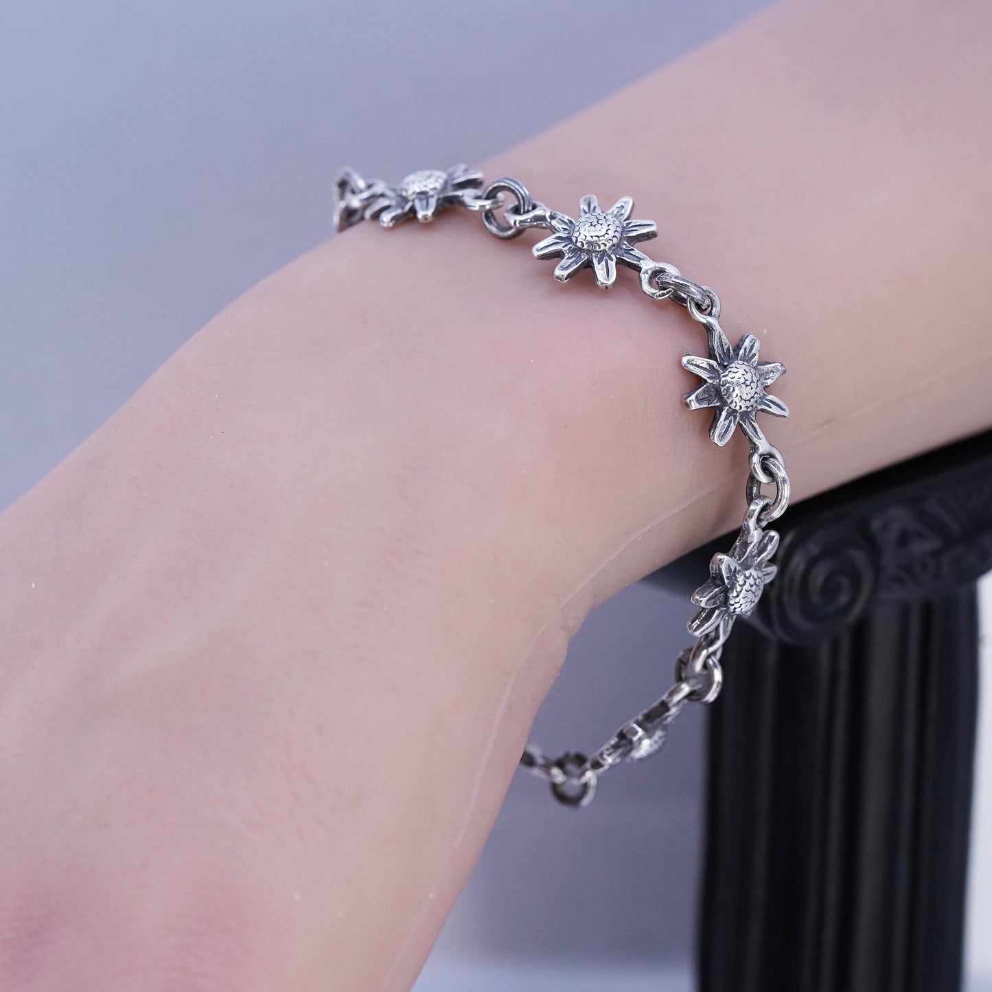 6.5", Vintage Mexican Sterling 925 silver handmade bracelet, sunflower chain