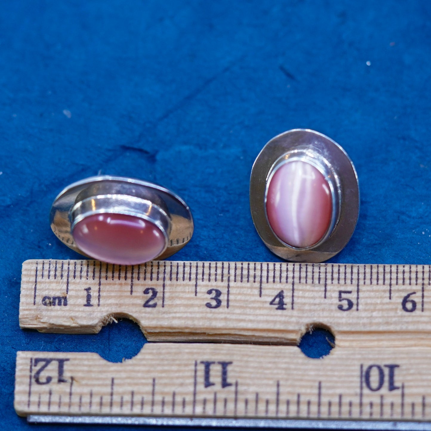 Vintage Mexican Sterling silver earrings, 925 oval studs with pink tiger eye