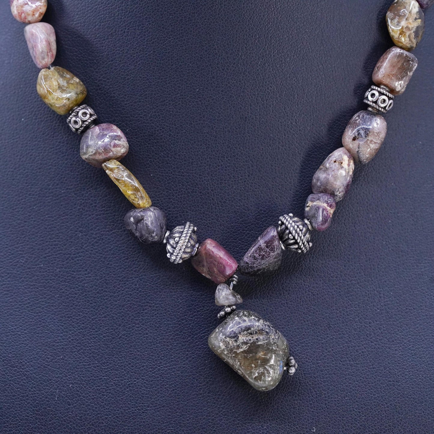 14” Vintage Sterling 925 Silver Handmade Jasper beads necklace nugget pendant