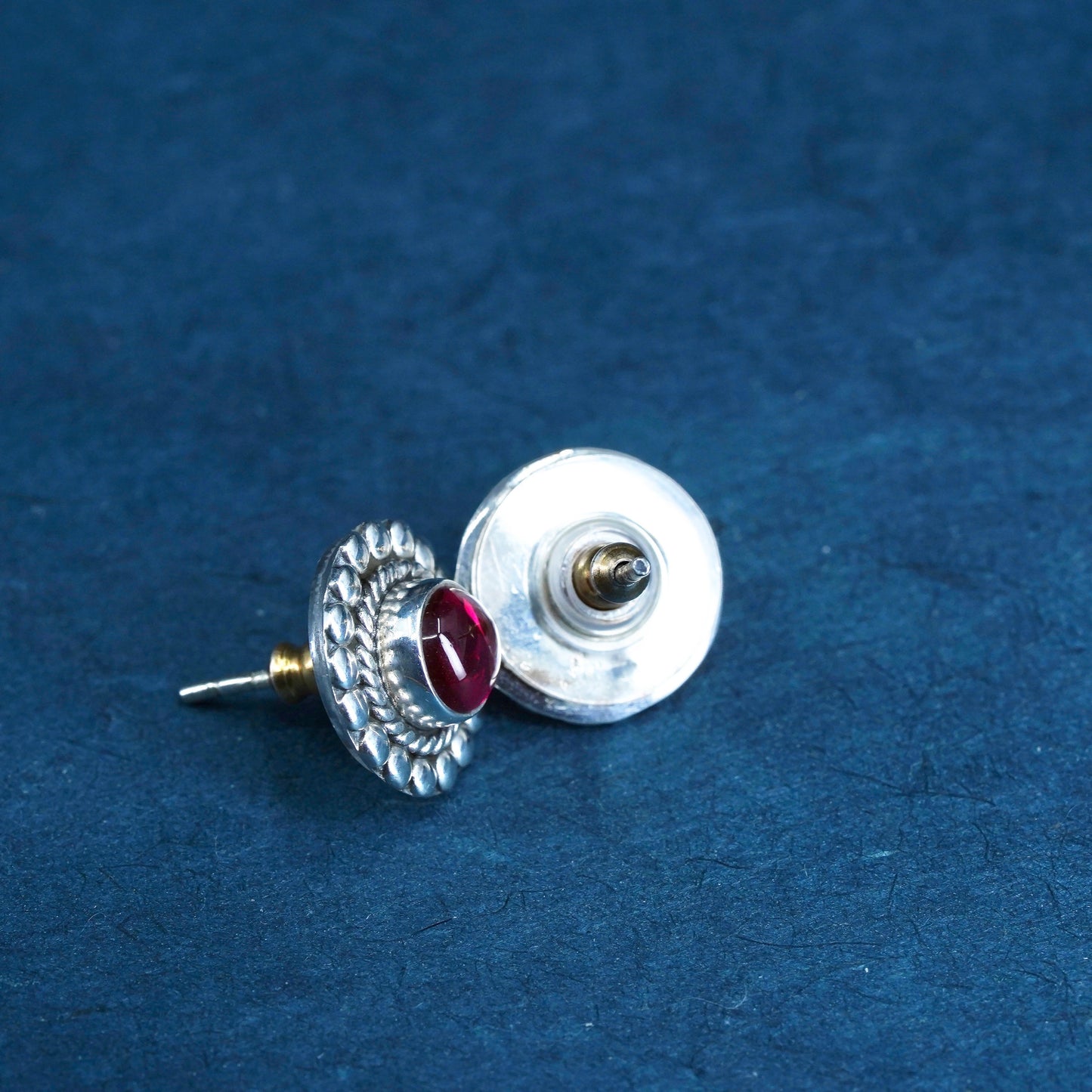 Vintage sterling silver handmade earrings, 925 studs with garnet