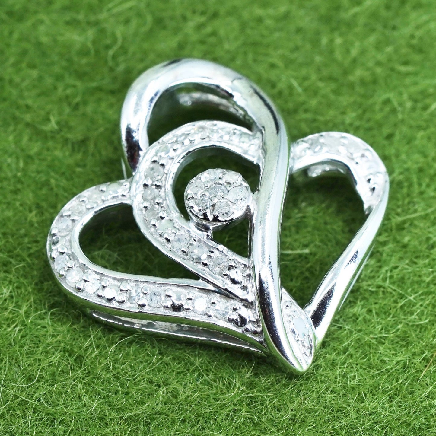 vintage Sterling silver Pendant, 925 double heart with real diamond