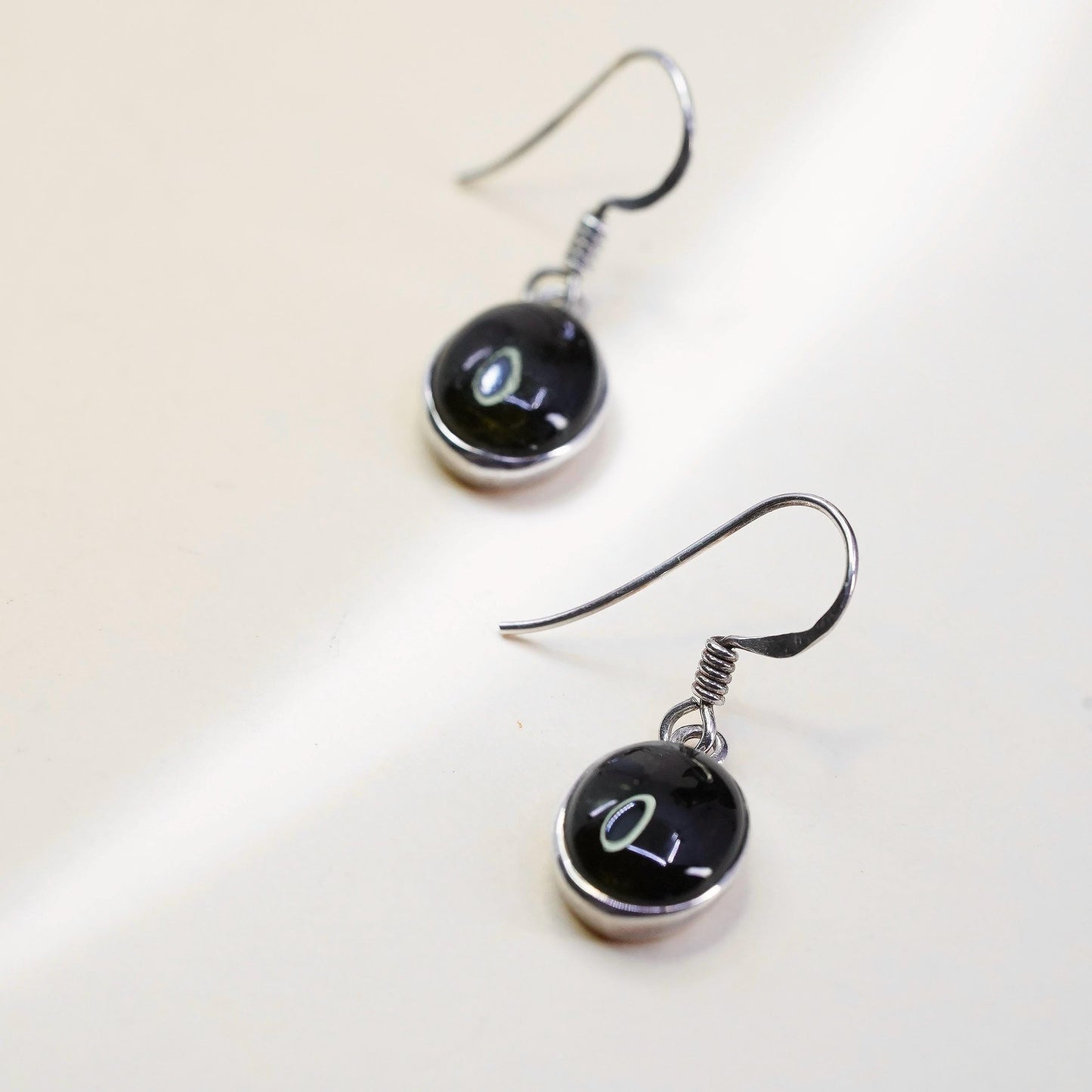 Vintage sterling 925 silver earrings, oval black onyx, handmade