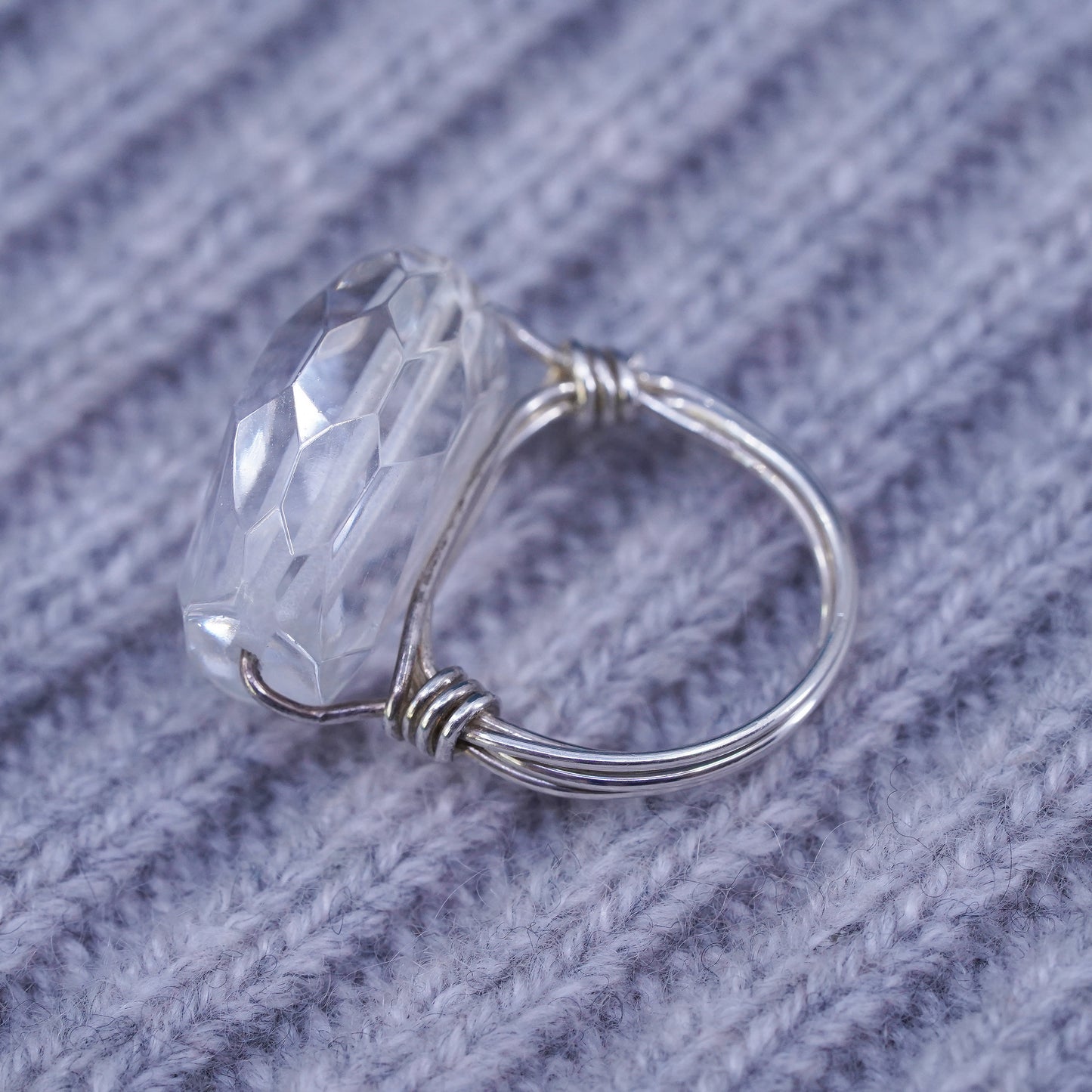Size 5, vintage Sterling 925 silver handmade ring with clear crystal details