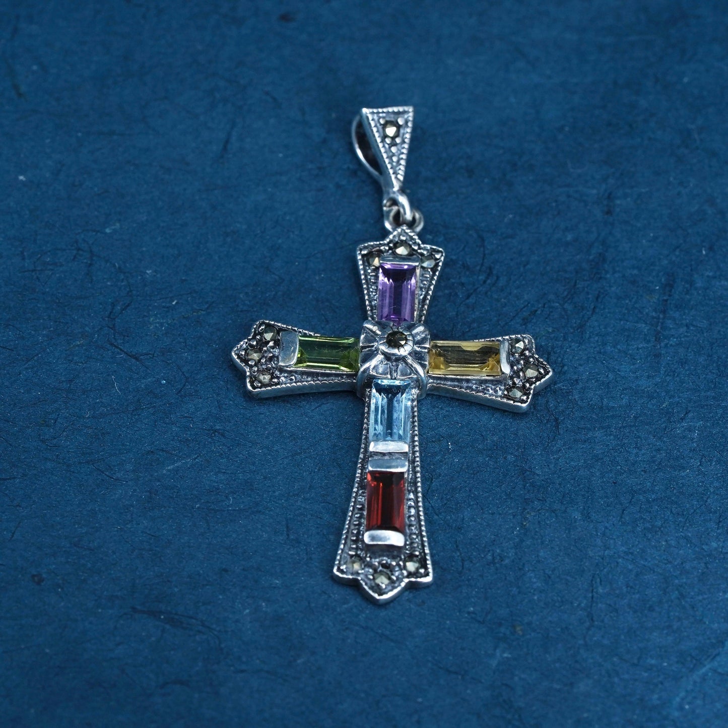 Sterling 925 silver cross pendant with ruby peridot citrine amethyst marcasite