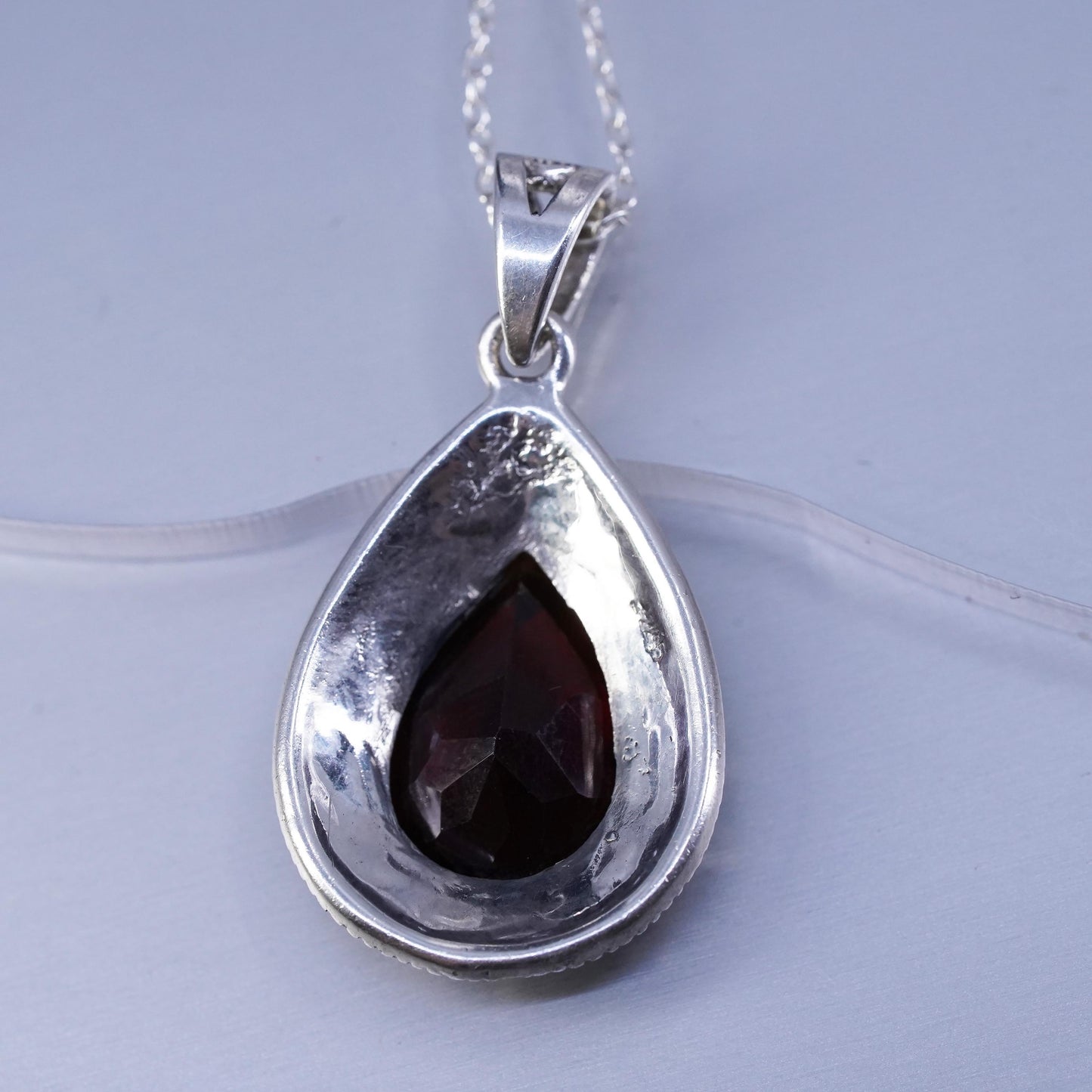 18”, Sterling 925 silver circle necklace garnet marcasite teardrop pendant