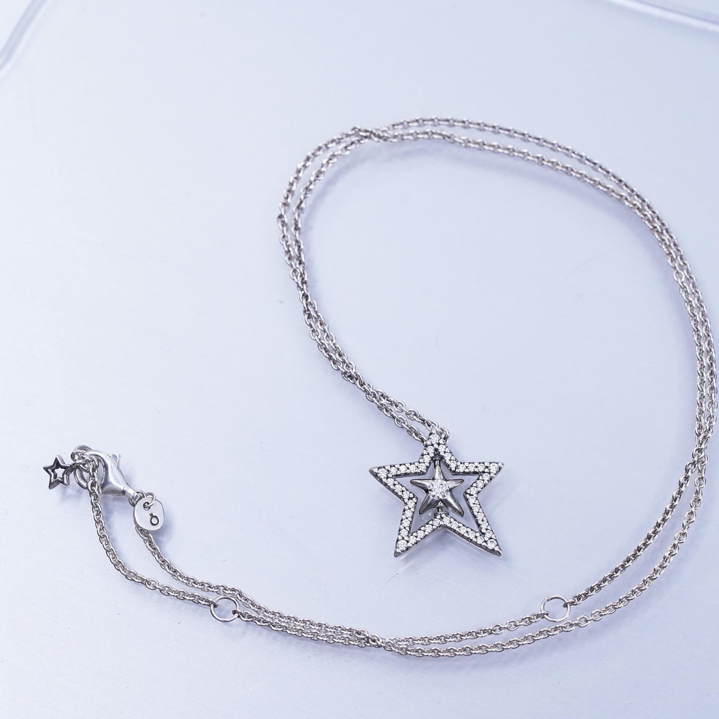 18”, VTG Pandora Pavé Asymmetric cz Star Collier Sterling 925 silver Necklace